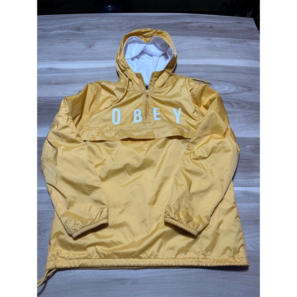 Obey Windbreaker Anorak women's‎ Large Yellow Quarter Zip Hooded Pullover Jacket